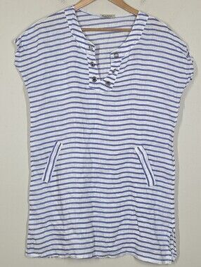 Alessia Pacini Stripe Tunic Top Mini Dress Linen L Coastal Minimalist Grommet